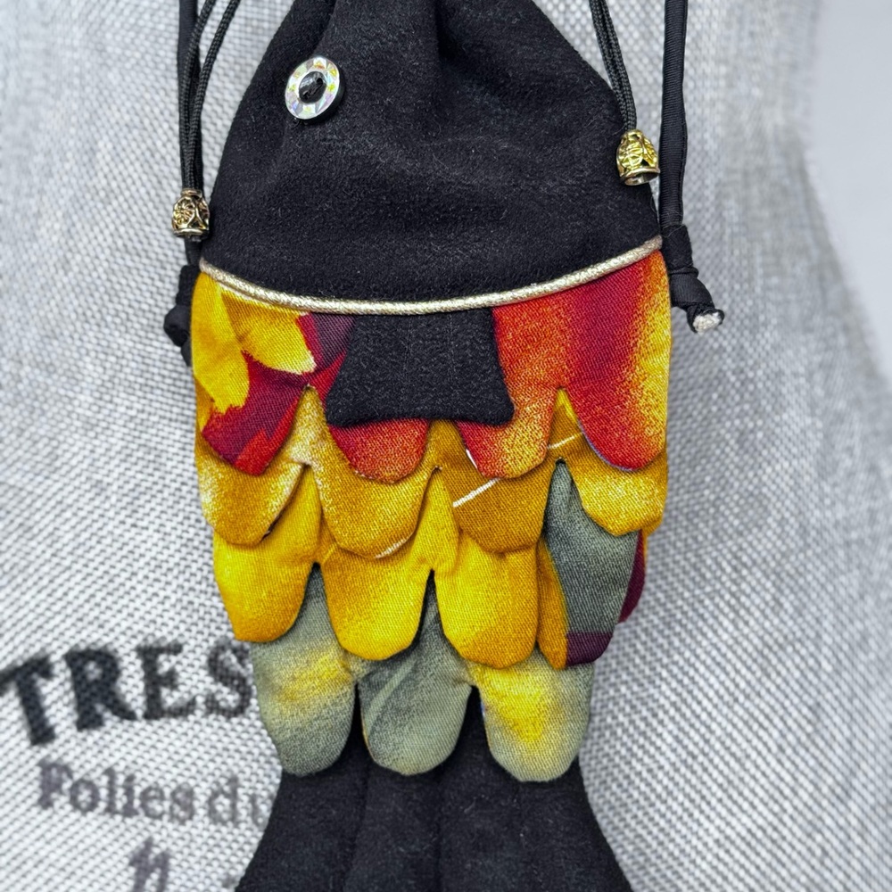 Cathayana Fish Cross Body Bag Black Yellow Orange Green Scales Drawstring Top - Picture 6 of 16